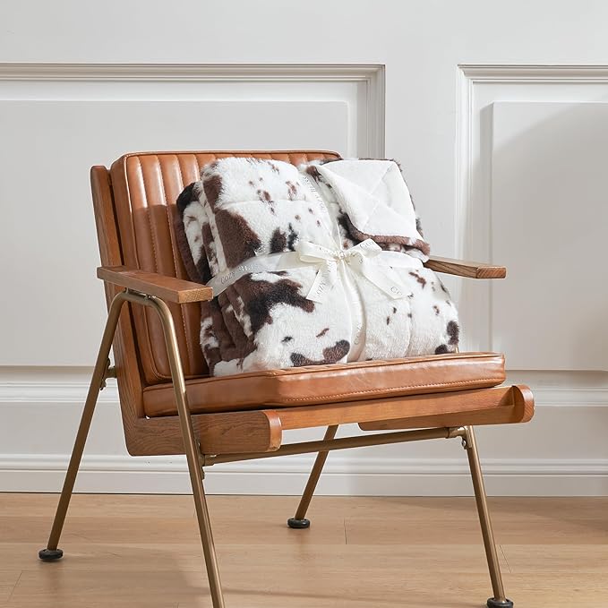 Cozy Bliss Cow Print Faux Fur Throw Blanket, Animal Printed Blankets Super Soft Warm Thick Fluffy Throws Home Decor for Couch Bed Sofa Women (Black&Coffee Cow, 60x80 Inches)