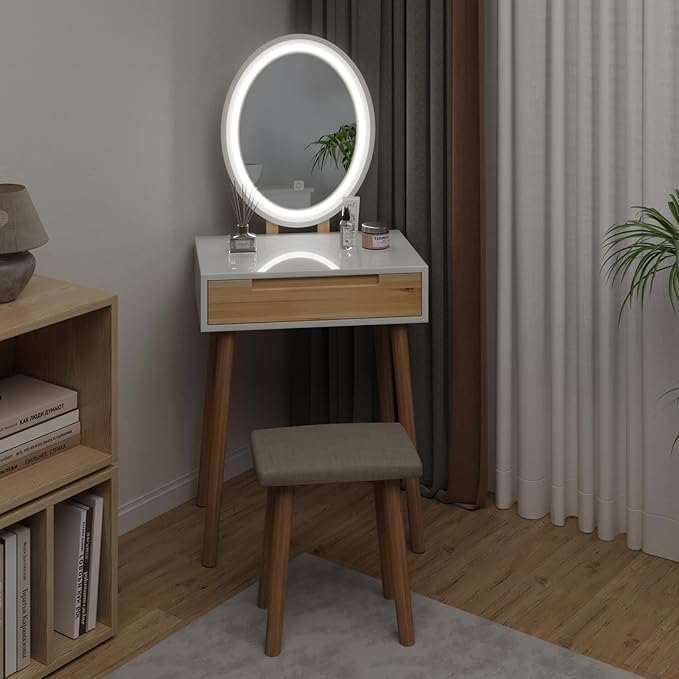 ARTETHYS Small Makeup Vanity Desk with 3 Adjustable Lighted Mirror and Chair, 24 Inch Vanities Set with Drawer Wooden Frame Dressing Table for Mini Space