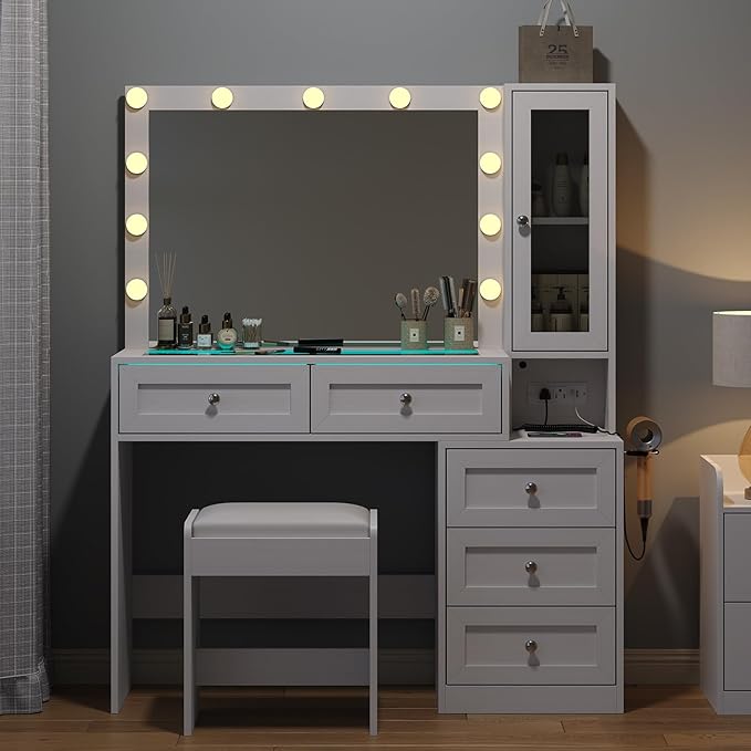 White 43" W Vanity Desk with Mirror & 11 Lights, 3 Drawer & 2 RGB Drawer Modern Makeup Desk with Glass top & Cushioned Stool, 3 Lighting Modes Brightness Adjustable,Power Outlet,Bedroom
