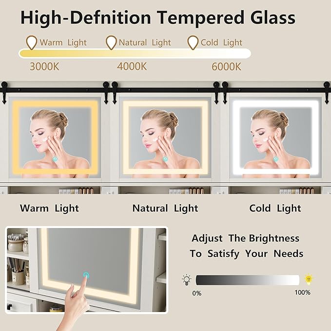 Farmhouse Makeup Vanity Desk with Sliding Mirror, Large Vanity Set with 3 Brightness Lights, Ample Storage, Antique White