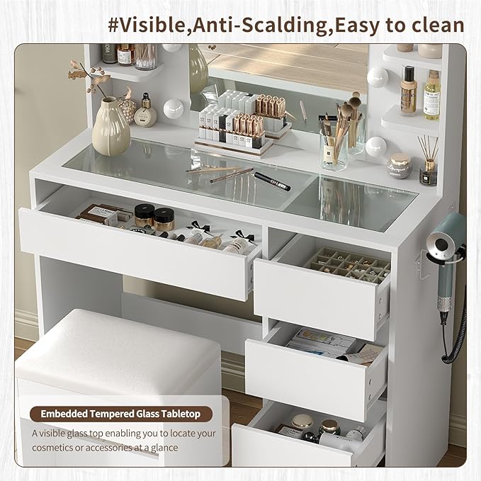 Vanity Desk with Mirror and Lights, 37" Makeup Vanity Desk with Lights 3 Colors, Glass Top Vanity with 5 RGB Drawers, 6 Shelves, Power Outlet, Chair, Dressing Table for Bedroom, White