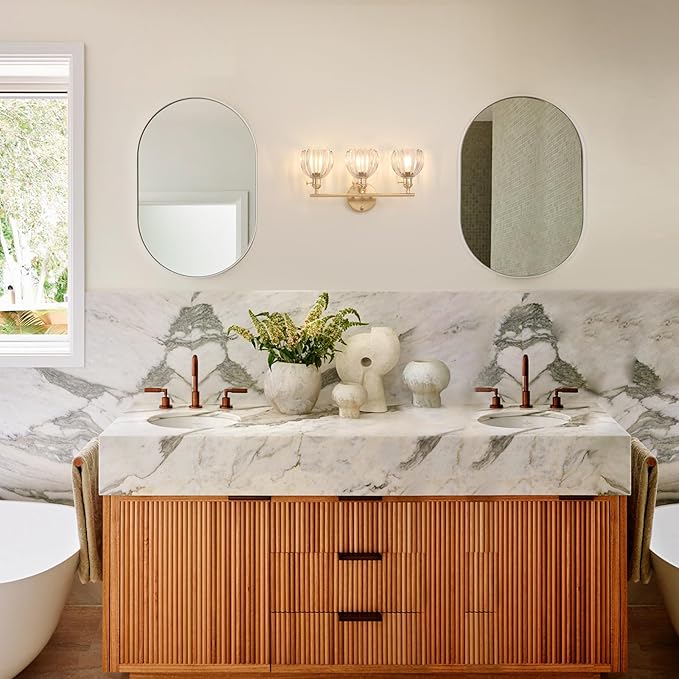 Bathroom Light Fixtures, 3-Light Brass Vanity Wall Light Over Mirror with Clear Tulip Glass Shade for Bedroom Living Room