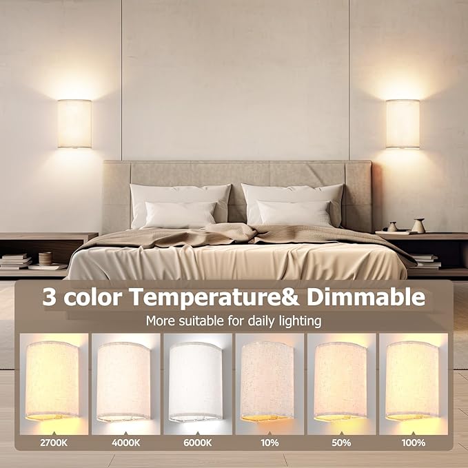 Battery Operated Wall Sconces Set of Two, Wall Lamp with Remote, 3 Colors Dimmable Fabric Wireless Sconces Wall Decor Set of 2 with Timer for Bedroom Living Room