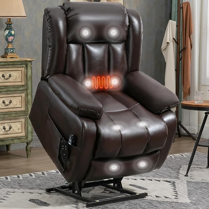 Dual Motor Large Recliner with Massage and Heat, Power Lift Chairs for Elderly, Breathable Leather Recliner Chairs for Adults with 2 Remote Controls, Red Brown Big and Tall Recliner