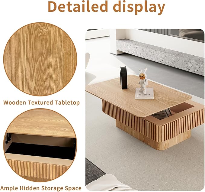 Lift Top Coffee Table for Living Room, Accent Fluted Coffee Table with Storage, Modern Solid Wood Veneered Rectangle Center Tea Table for Small Space Apartment (38.6''D×14''H-Natural)