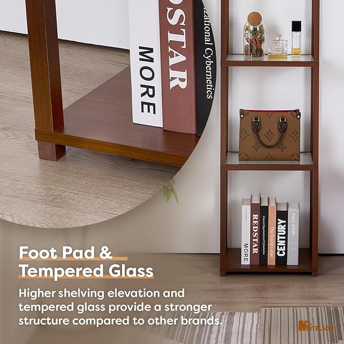 Floor Lamp with Shelves, Modern Standing Lamp with Tempered Glass, Large Display Shelf Lamp, Tall Lamps with Shelves for Living Room, Bedroom, Office, Walnut Brown