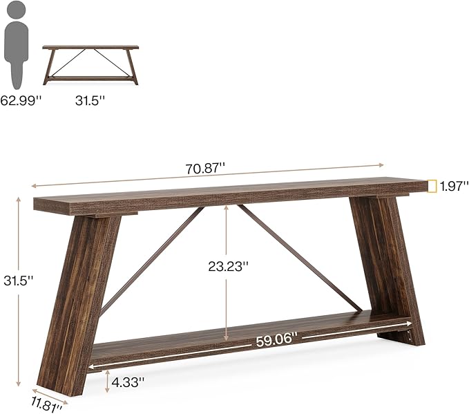 Tribesigns 70.9 Inches Extra Long Sofa Table Behind Couch, Industrial Entryway Console Table with Storage for Hallway, Entry, Living Room, Dark Walnut Brown