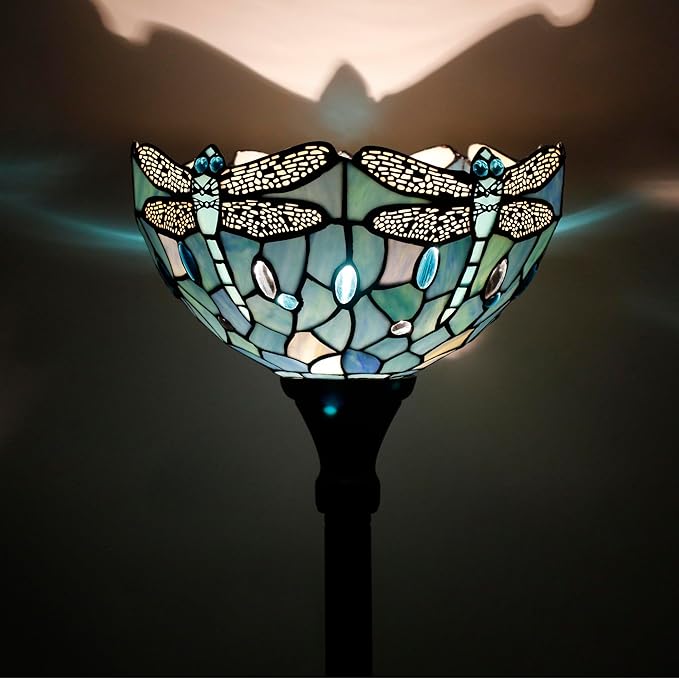 Tiffany Floor Lamp Sea Blue Torchiere Stained Glass Dragonfly Style Torch Lamp 12X12X67 Inch Antique Standing Corner Light