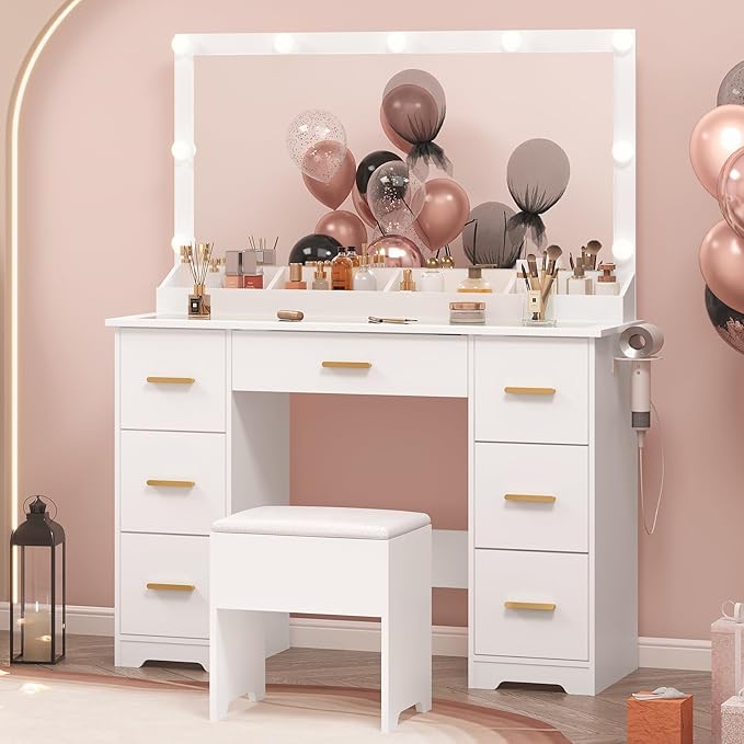 Vanity Desk with 38" Large Mirror and 9 LED Lights & Glass Top and Power Outlet, Adults Makeup Vanity with Chair and 7 Storage Drawers, Dressing Table Set for Bedroom, Modern White