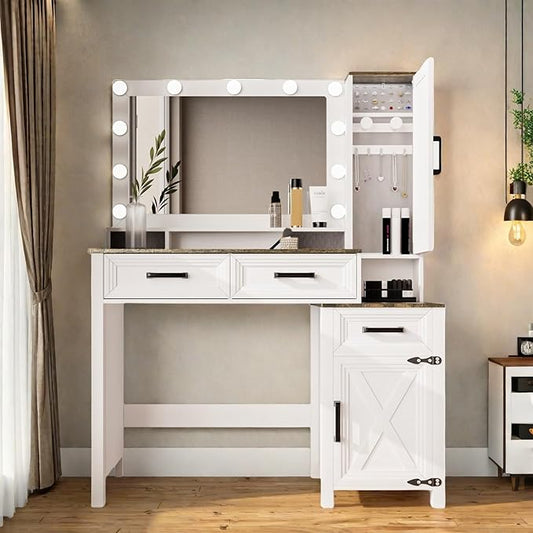 Makeup Vanity, Farmhouse Vanity with Square Mirror & Tricolor Lighting Adjustment, 43'' Fashion Makeup Desk with Two Spacious Drawers, Side Storage Cabinet & Built-in Charging Station, White