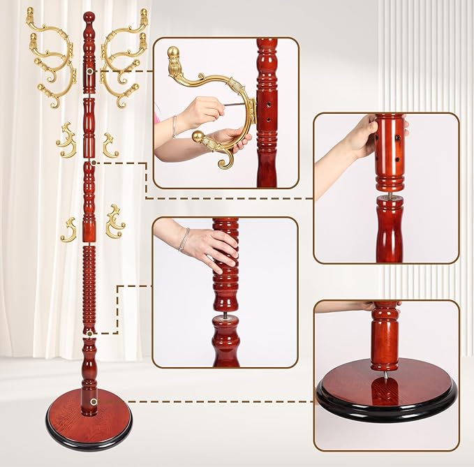 Coat Rack Stand, Solid Wooden Coat Tree with 14 Hooks, Heavy Duty Coat Rack Freestanding with Sturdy Round Base, Natural Birch Wood Coat Hanger Stand for Entryway Bedroom (Begonia)