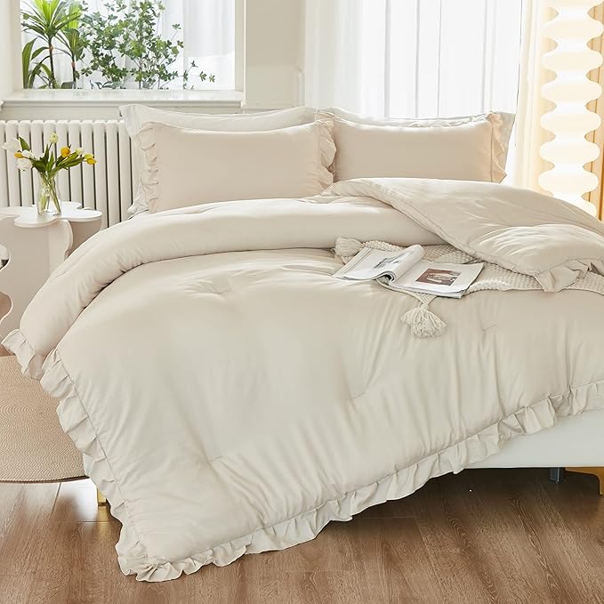 Litanika Queen Comforter Set Beige, 3 Pieces Ruffle Lightweight Bedding Comforter Set, Fluffy Bed Set (90x90In Comforter, 2 Pillowcases)