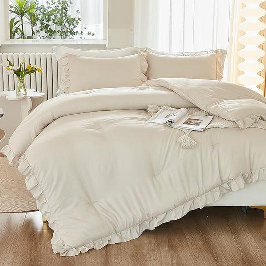 Litanika Queen Comforter Set Beige, 3 Pieces Ruffle Lightweight Bedding Comforter Set, Fluffy Bed Set (90x90In Comforter, 2 Pillowcases)