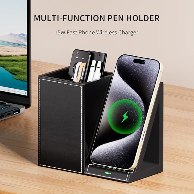 Pen Organizer with Phone Stand,Black Vegan Leather Desk Organizers with Remote Control Holder,Pencil Holder for Desk,Desk Organizer with Phone Charger for Office/Nightstand/Endtable
