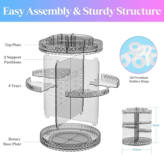 360 Rotating Makeup Organizer, DIY Adjustable Cosmetics Organizer[Patented Product], Professional Acrylic Make Up Caddy Shelf Storage Perfume, Lipsticks, Makeup Brushes or Accessories (Gray)