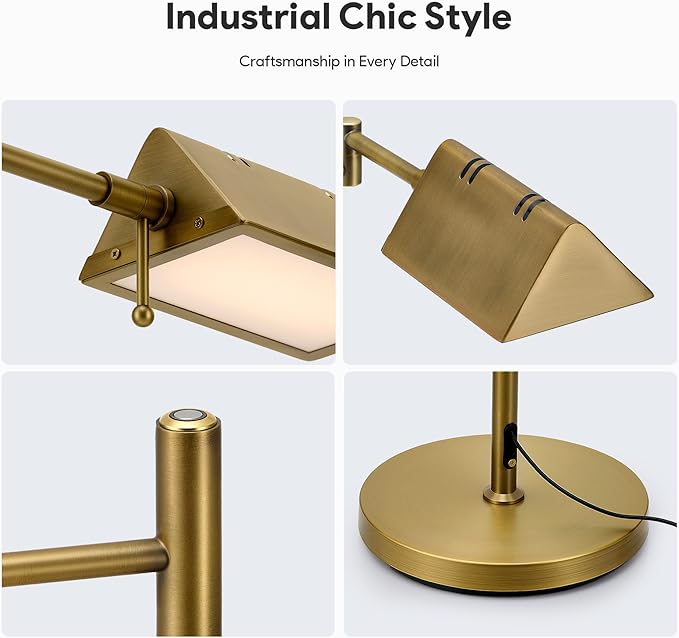 VONLUCE Dimmable LED Floor Lamp, 56" Floor Lamp for Living Room with Adjustable Height Swing Arms 3 Color Temperatures, Industrial Standing Pole Lamp for Bedroom Reading, Antique Brass