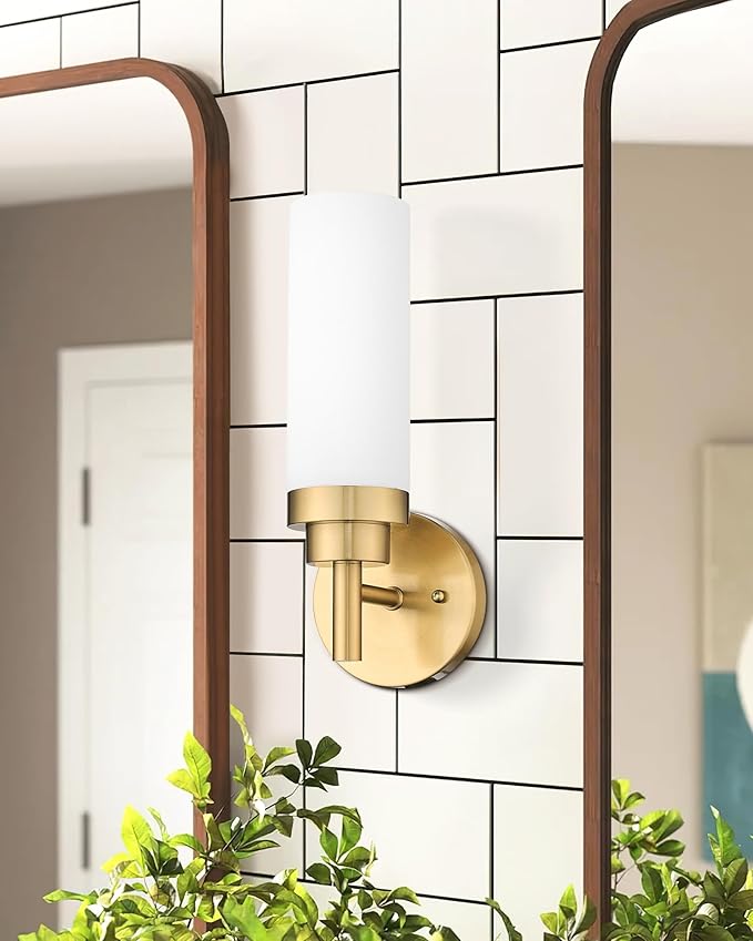 Emak Wall Sconces Set of 2, Modern Brushed Gold Bathroom Vanity Sconce Wall Lighting with Milk Glass Shade for Bathroom, Bedroom, Living Room, Hallway, WS085-BGD-ML-2PK