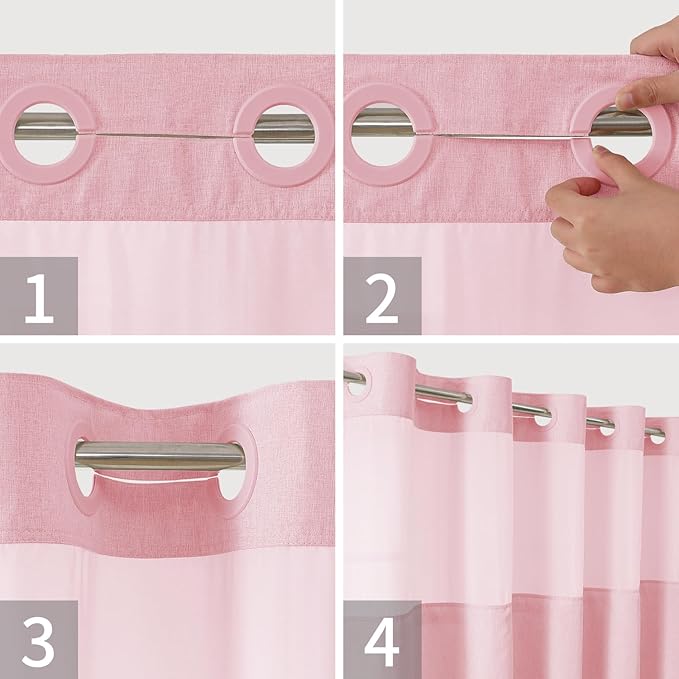 No Hooks Needed Linen Textured Shower Curtain with Snap-in Fabric Liner Set,Hotel Luxury Decor Shower Curtains for Bathroom with Mesh Top Window,Waterproof & Washable,71Wx74H,Pink