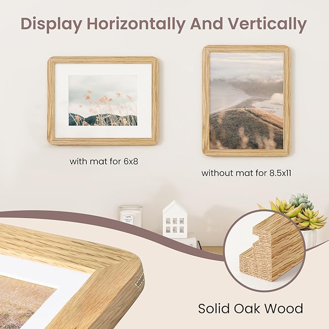 8.5 by 11 Picture Frame - Solid Oak Wood 8.5x11 Fram, 8 1/2 x 11 Diploma Frame With Mat For 6x8, Tabletop and Wall Display, Hanging Hardware Included, Certificate Document Frame, Natural Oak
