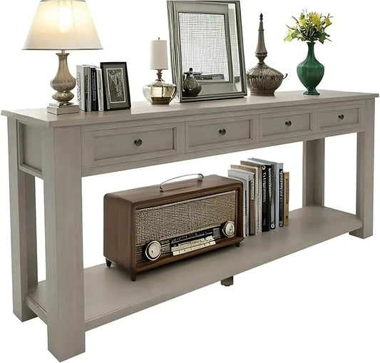 Solid Wood Console Table,Long Sofa Table Entryway Table with 4 Drawers and Bottom Shelf for Hallway Living Room Couch Table,Fully Assembled (63" Gray Wash)