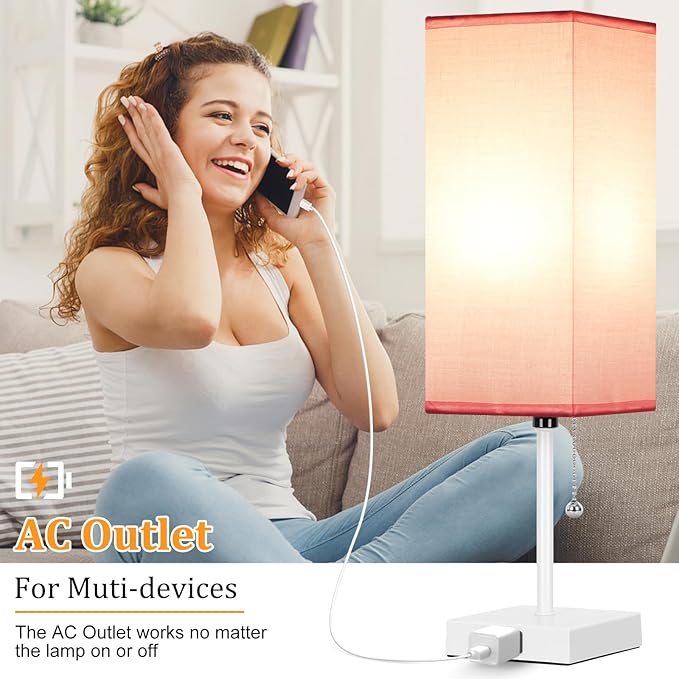 Table Lamp for Bedroom set of 2,3-Color Bedside Lamps with Pull Chain Table Lamps for Nightstand with AC Outlets,18'' Night Light Lamps with 2 Bulbs Lamps for Living Room Kids Office Decor（White-pink）