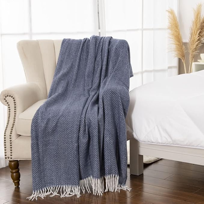 Gealaek Decorative Herringbone Faux Cashmere Throw Blanket Navy Blue Cheveron Fringe Lightweight Fuzzy Soft Cozy Throws for Sofa Bed Farmhouse Throw Blanket 50" x 60"
