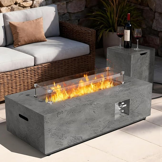 2-Piece 42" Rectangular Propane Fire Pit for Outside Patio with Hidden Tank Table, 50,000 BTU Fireplaces with Glass Wind Guard, Lid, Glass Rocks, Cover(Grey Rock Veins)