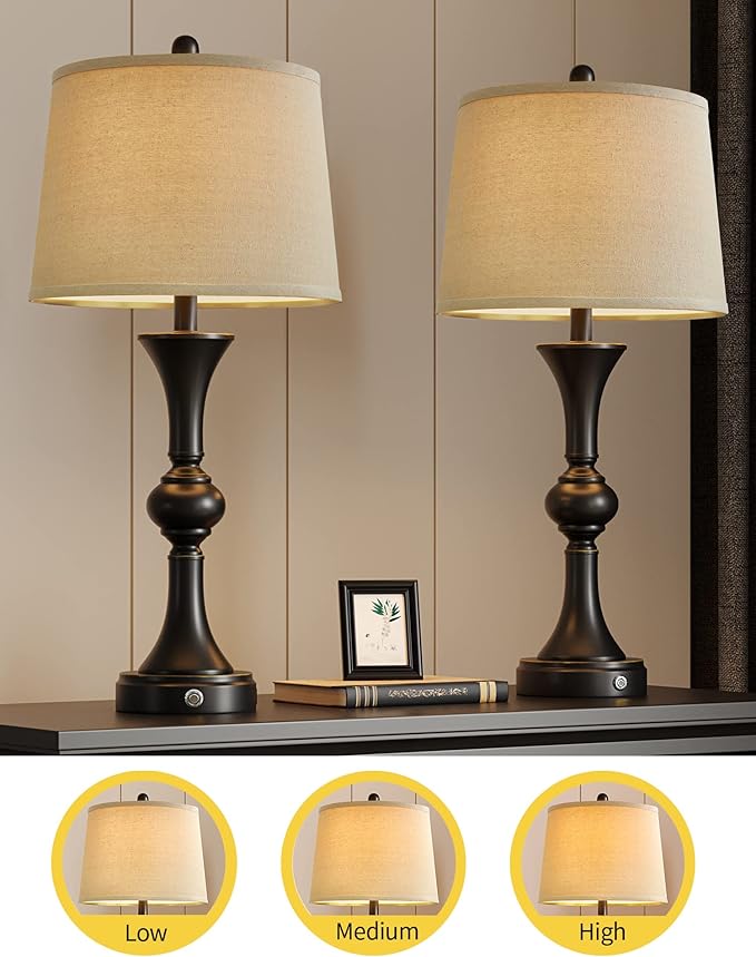 Oneach 28" Table Lamps for Living Room Set of 2, Bedside Lamps with 3 Way Dimmable Touch Lamps for Nightstand Bedroom Farmhouse Lamp End Table Lamp with USB Charging Port