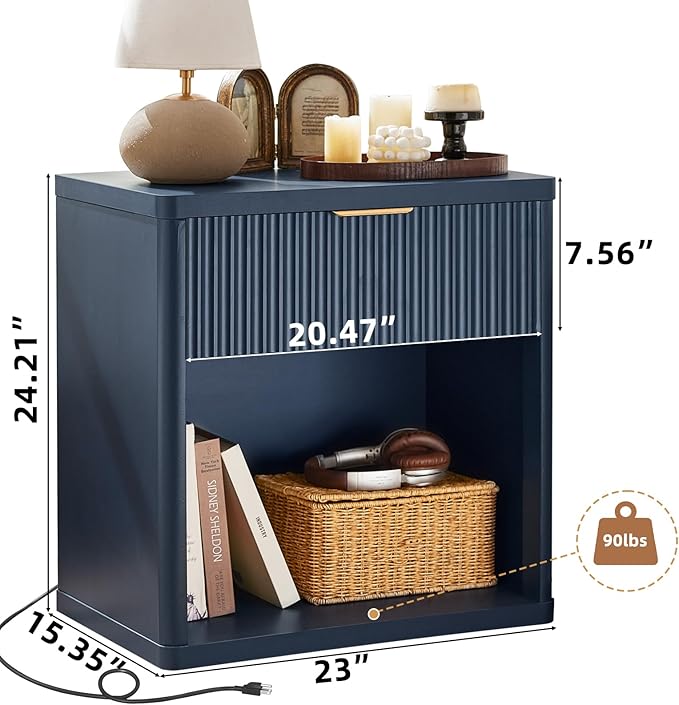 LEYAOYAO Fluted Nightstand with Charging Station, 23" Wide 1 Drawers Night Stand,Blue End Table with Open Storage,Farmhouse Bed Side Tables, Wood Dresser for Bedroom, Living Room, Closet