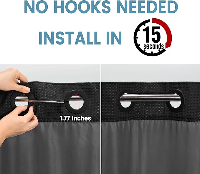 Long No Hook Shower Curtain with Snap in Liner,230GSM Waffle Weave Shower Curtains for Bathroom,71W x 77H(75"),Black