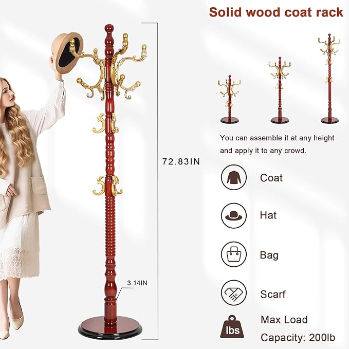 Coat Racks Freestanding, Natural Wood Coat Stands with 14 Hooks, 73" Heavy Duty Adjustable Height Vintage Hall Tree for Entryway, Bedroom, Office, Easy Assembly (Begonia)