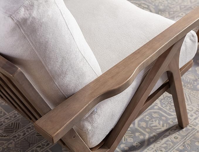 Wahson Set of 2 Mid Century Chair, Upholstered Accent Armchairs, with Wood Frame and Linen Cushions, Leisure Slipper Chair for Living Room/Bedroom, Cream