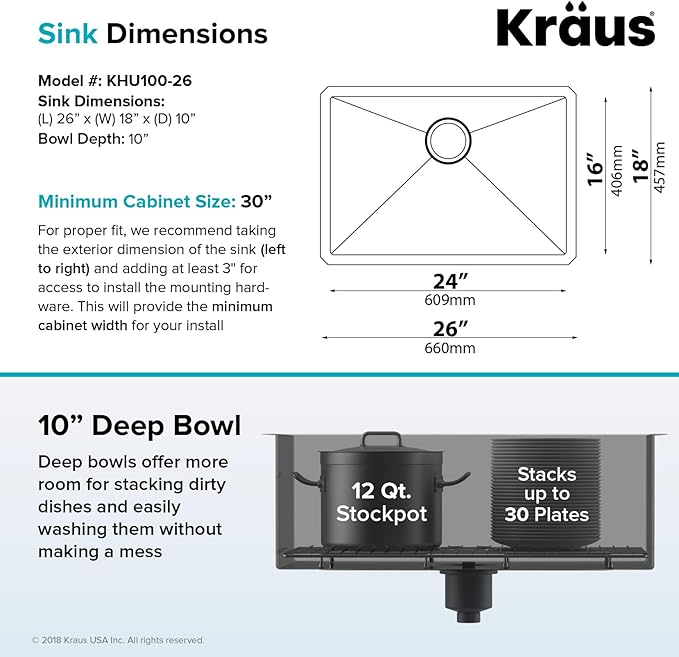 KRAUS Standart PRO 26-inch 16 Gauge Undermount Single Bowl Stainless Steel Kitchen Sink, KHU100-26