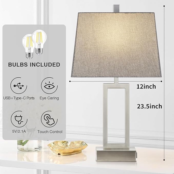 Touch Control Table Lamps Set of 2, Modern Silver Bedside Lamps with USB A+C Ports & AC Outlet, 3 Way Dimmable Contemporary Nightstand Lamps for Bedroom Living Room(LED Bulb Included)