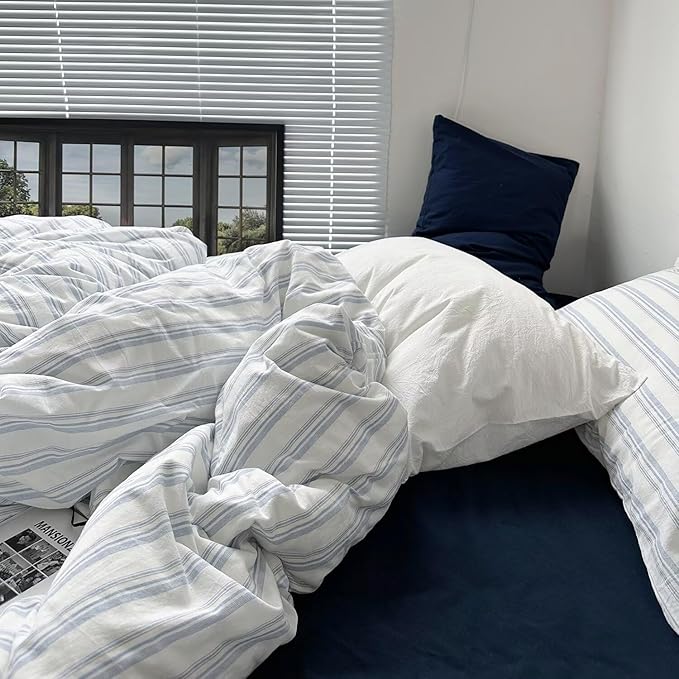 mixinni Vintage Light Blue & White Striped Comforter Set Twin XL Size - Soft Washed Cotton 3-Piece Bedding Set (1 Comforter + 2 Pillowcases), Retro Geometric Pattern, All-Season Breathable & Fluffy