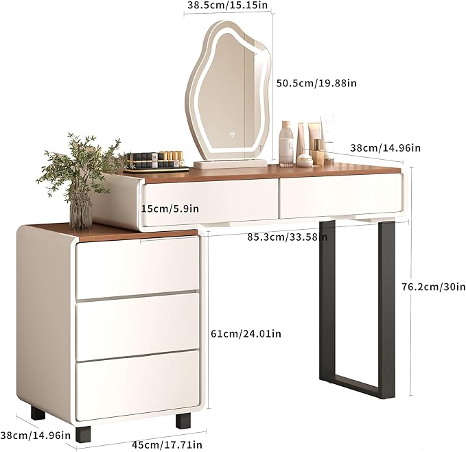 Vanity Desk with Mirror and LED Lights| Small Makeup Table with 5 Drawers and Adjustable Storage Cabinet| Modern Space-Saving Dressing Table for Bedroom(Walnut Top with White Base)