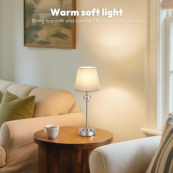 NIORSUN Portables Cordless Table Lamp,Flaxen Fabric Shade Battery Operated Lamp,5200mAh Bedside Table Lamp with Warm White,3 Way Dimmable Touch Desk Lamp for Bedroom Living Room Restaurant (Silver)