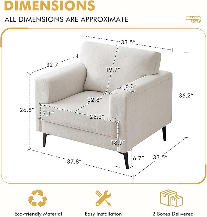 CDCASA Accent Chair, Linen Fabric Oversized Mid Century Modern Chair Set of 1, Comfy Upholstered Armchair Reading Accent Chairs Sofa Chairs for Bedroom Living Room, Beige