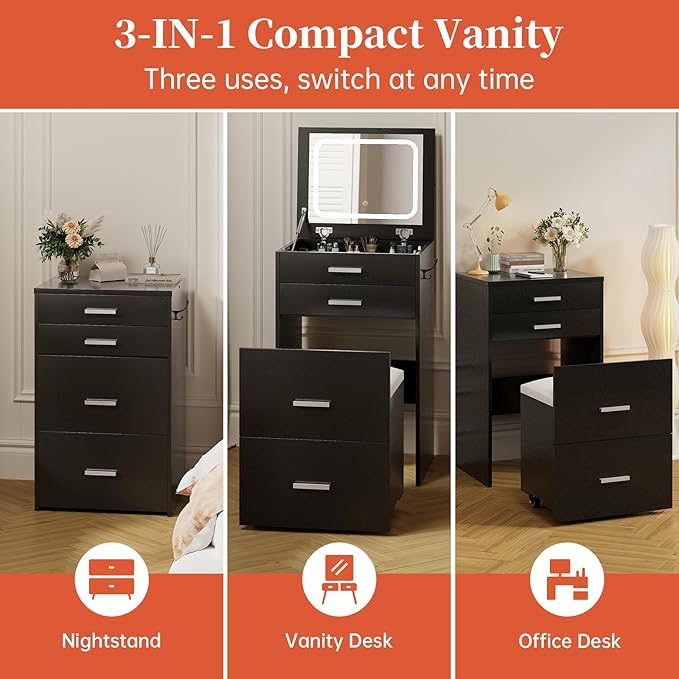 Compact Vanity with 3 Drawers, 3 in 1 Vanity Desk, Makeup Desk with Flip-up 3 Colors Lighting Mirror and Cushioned Stool, Small Vanities Nightstand Perfect for Bedroom, Black