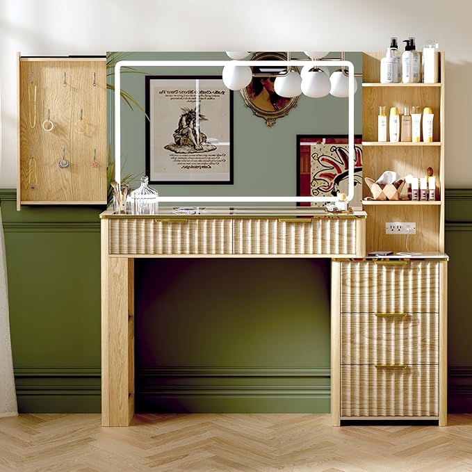 Modern Vanity Desk with Mirror and Lights, 49.2'' Fluted Makeup Vanity Desk with 5 Drawers and Shelves,Dressing Table with Glass Top and Power Outlet for Bedroom,Natural Oak