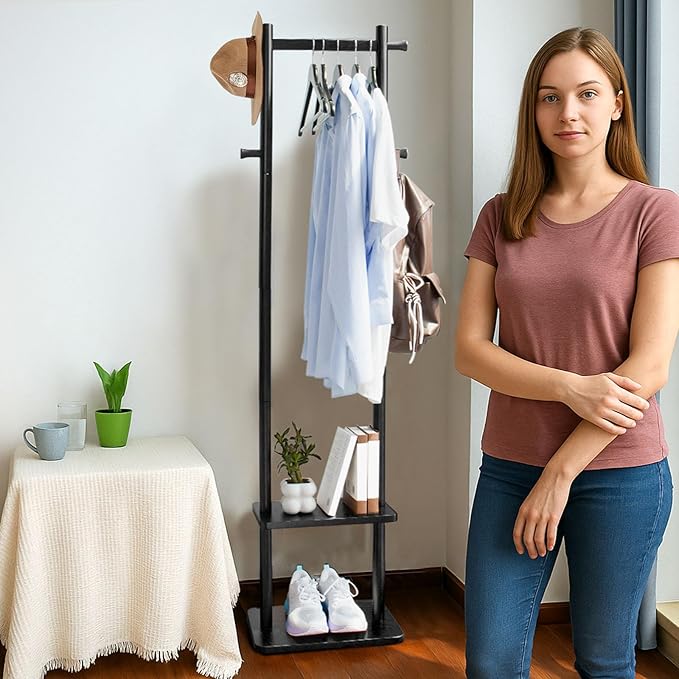 Coat Rack,Freestanding Hall Tree for Entryway Home Bedroom Office,Sturdy Wooden Coat Hanger Stand for Clothes Jacket Hats Bags(Black)