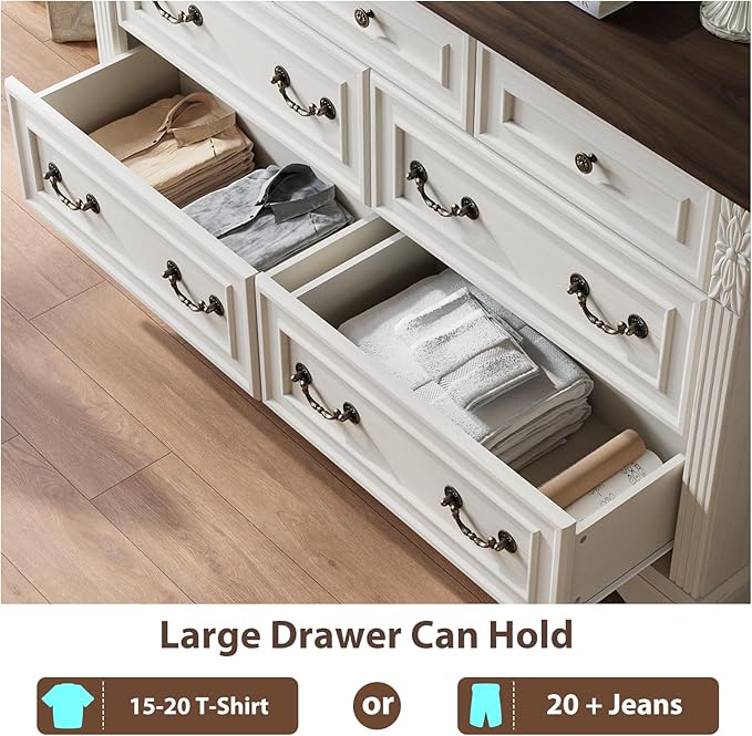 White Dresser for Bedroom, Modern 7 Chest of Drawers, 54" Wide Chest of Drawers w/Carved Pilasters, Wood Closet Organizers and Storage Cabinet for Bedroom, Living Room, Hallway