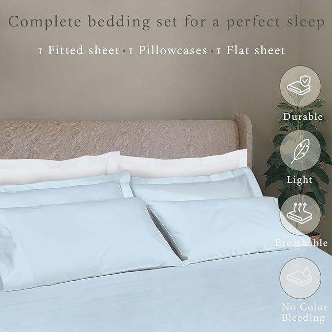 Threadmill Cotton Twin Sheets Set, 5 Star Hotel Quality Bed Sheets, 100% Cotton Sheets, 500 Thread Count, Deep Pocket, Snug Fit for Twin Mattress, Soft & Crisp 3 Piece Sheet Set, Light Blue