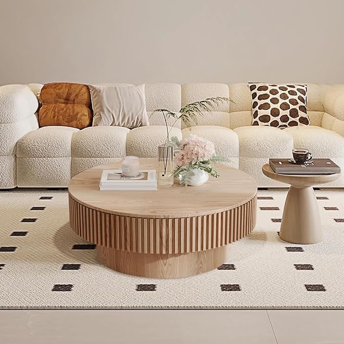 Round Coffee Table for Living Room, Accent Fluted Drum Coffee Table with Storage, Modern Solid Wood Veneered Circle Center Tea Table for Small Space Apartment (31.5''D×14''H-Natural)