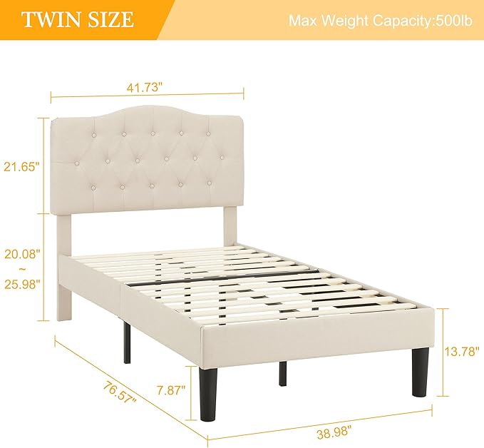 VECELO Twin Size Platform Bed Frame with Fabric Upholstered Headboard and Wooden Slats Support, No Box Spring Needed/Easy Assembly,Beige