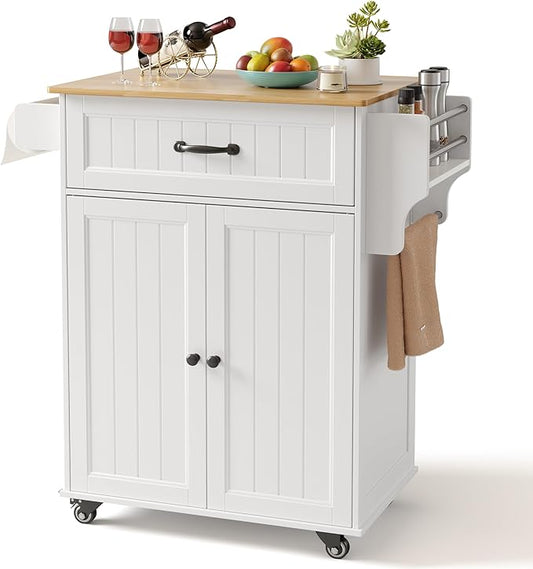 Gizoon Kitchen Island Cart with Adjustable Shelf, 33" W Mobile Trolley Cart on Metal Wheels with Drawer & Storage Cabinet, Spice Rack & Towel Rack, Wooden Countertop, for Dining Room, Bar, White