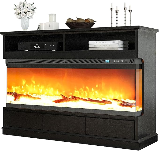 4 EVER WINNER Fireplace TV Stand with 50" Electric Fireplace, Fireplace Entertainment Center with 3-Side Glass Insert, 3 Drawers, TV Consoles for Living Room, Black