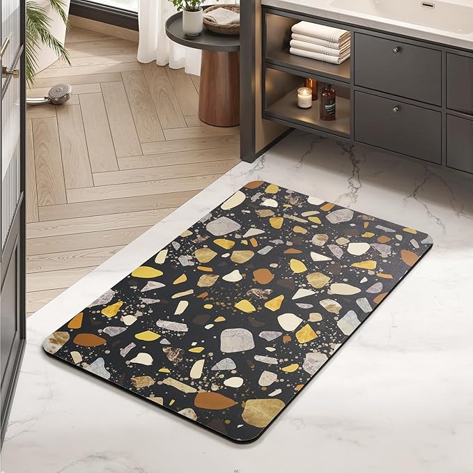 MontVoo -Bath Mat-Non Slip Thin Bathroom Rugs Fit Under Door- Quick Dry Absorbent Faux Suede Surface Grey Bathroom Floor Mats-Shower Rug for in Front of Bathtub Shower Black & Multi Color 16x24