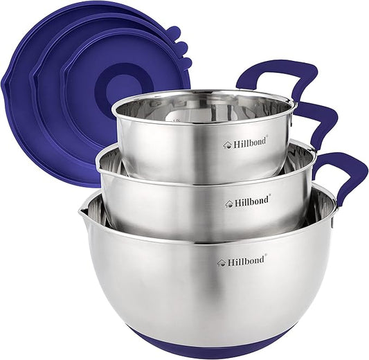 Hillbond Mixing Bowls with BPA Free Airtight Lids Stainless Steel Nesting Bowls with Pour Spout, Silicone Handle Non-Slip Bottoms for Baking, Dishwasher Safe Metal Bowls, 1.5, 3, 5 QT (Blue)