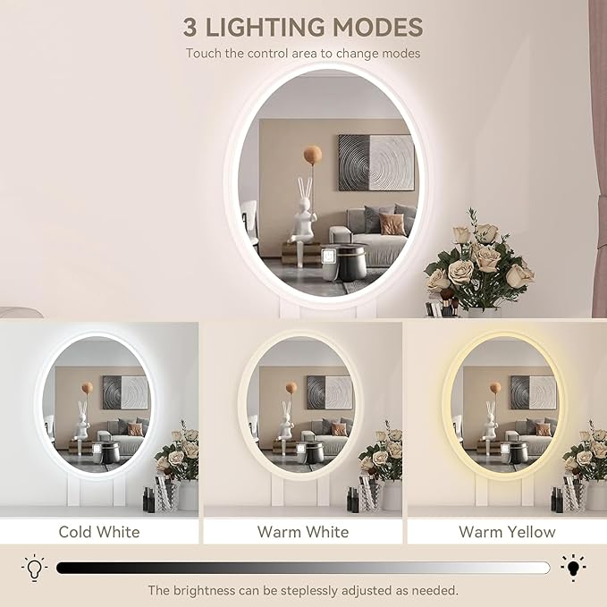 YOURLITE Makeup Vanity Desk with Lights, Small Vanity with Adjustable Brightness Mirror for Small Spaces, Dressing Table with Drawers 27.5", Oval Mirror Wood